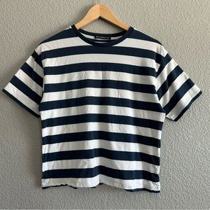Brandy Melville S/M Shirt Striped Short Sleeve Navy Blue and White Crop Fit